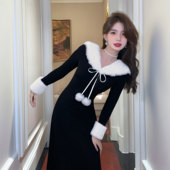 黑色小香风V领连衣裙女2026新款 早秋巨好看 收腰长裙QY0152A