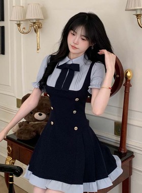 2025夏季新款甜美减龄学院风假两件泡泡袖背带收腰连衣裙D2772