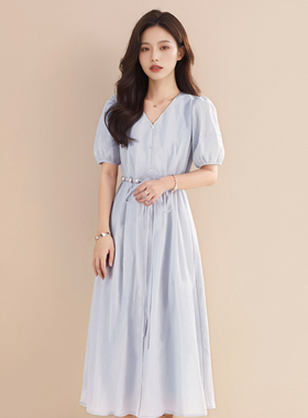 法式夏季女装气质连衣裙2025年夏季新款V领收腰时尚简约a字裙1317