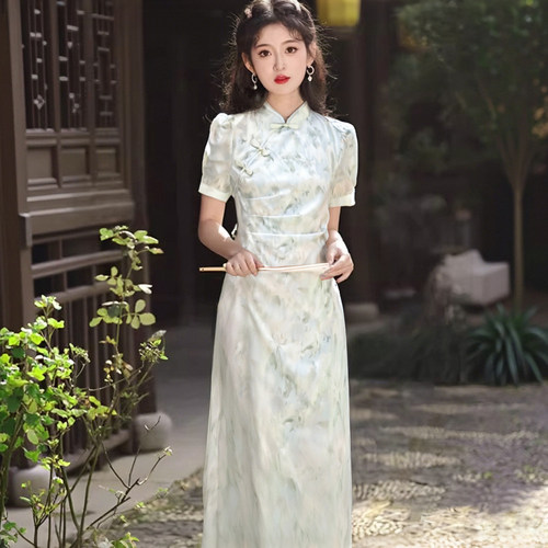 新中式改良女装连衣裙2025夏季气质复古薄荷小个子绿裙子1129A