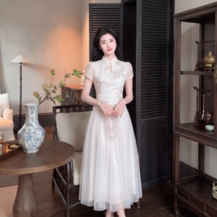 新中式风白色蕾丝网纱连衣裙女2026夏季仙女气质显瘦长裙D8426
