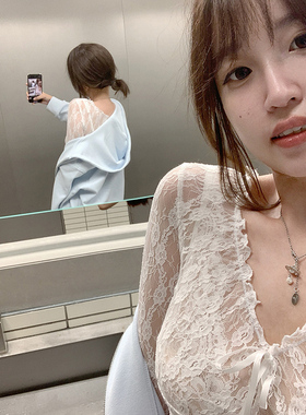 软糯亲肤温柔姐姐蕾丝v领T恤2025春季女纯欲打底衫长袖上衣D0292