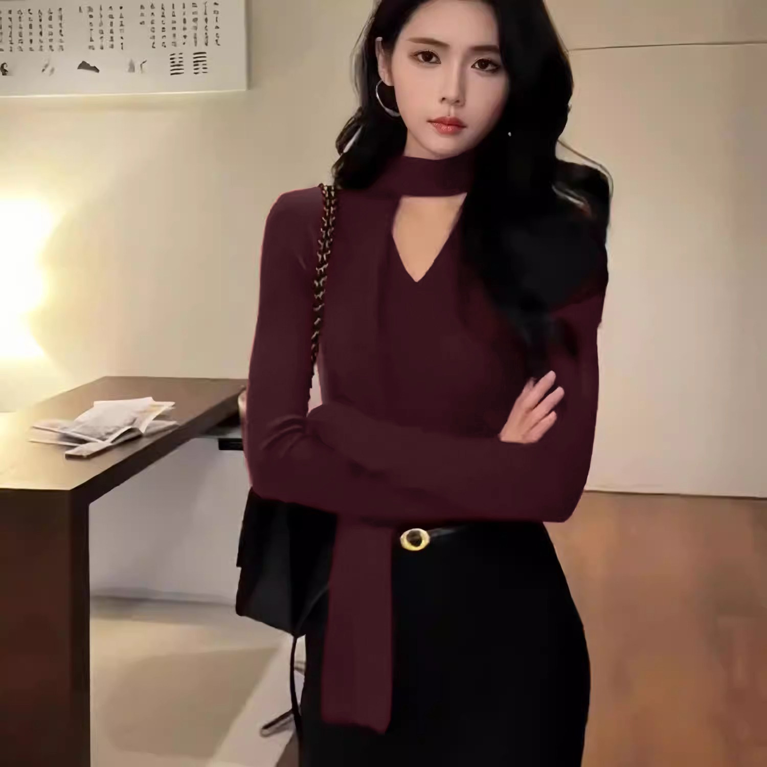 【两件套】【含腰带】v领围脖飘带打底衫女+半身裙套装D4641,女装/女士精品,时尚套装,淘宝优惠券,粉丝福利购,淘宝优惠卷