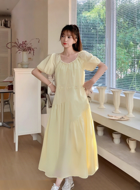 法式泡泡袖奶黄色连衣裙女2026夏季新款高级感连衣长裙D1959A