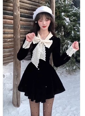 miu系富家千金黑色连衣裙2025秋冬季新款小香风穿搭公主裙QJ0189