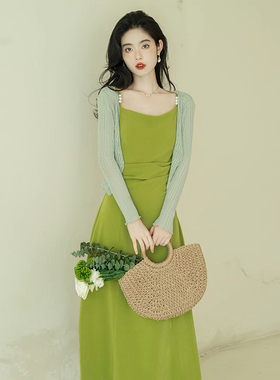 两件套法式绿色连衣裙夏2025新高级感气质绝美超仙吊带开衫6904