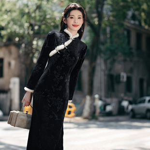 新中式国风旗袍打底裙2025秋冬新款收腰显瘦长款连衣裙D4063A