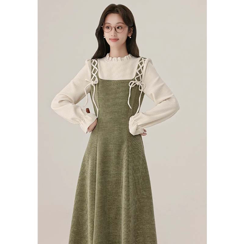 秋冬新款法式复古长袖毛呢连衣裙女装绿色裙子D4027