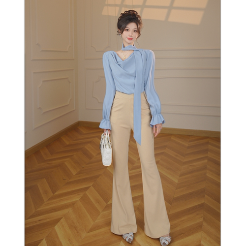 2026秋季新款女装微喇长袖显瘦性感衬衫+裤子两件套DM0009