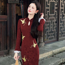 复古长袖 新中式 拼蕾丝收腰显瘦旗袍连衣裙QY0034 新款 2025秋季