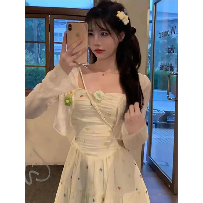 【有里布】温柔风显瘦小众设计感碎花中长吊带连衣裙套装D1183
