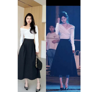 2026秋季新款优雅气质单露肩衬衫+高腰A字伞裙套装两件套D3902