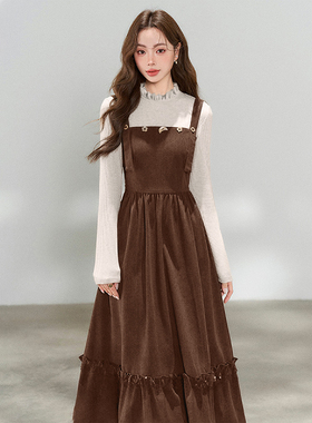 2025秋冬季新款美拉德穿搭假两件连衣裙女收腰内搭裙子D4547