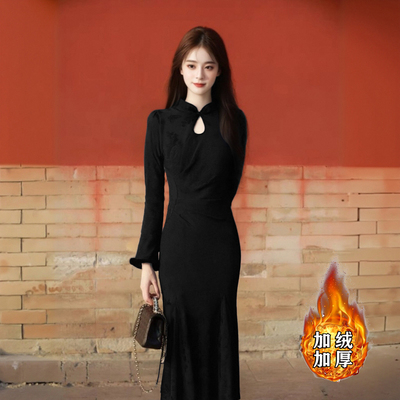 加绒加厚2025冬季新款新中式气质内搭打底连衣裙包臀长裙D3858