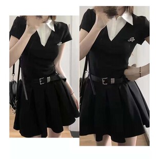 送腰带纯欲黑色假两件短袖 D2508 连衣裙子女甜辣妹百褶短裙夏季