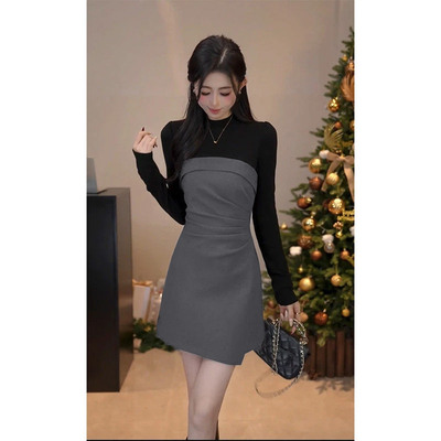 2026春季新款爆款轻奢风裙子不规则拼接假两件连衣裙女D4715