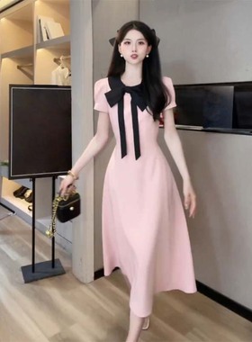 粉色小香风连衣裙女夏收腰气质高级感巨好看小个子A字裙D2372