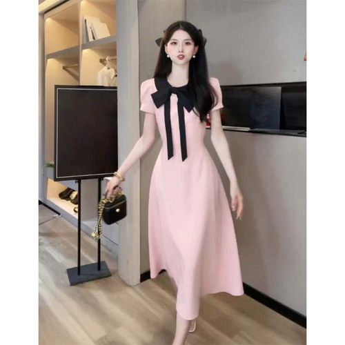 粉色小香风连衣裙女夏收腰气质高级感巨好看小个子A字裙D2372