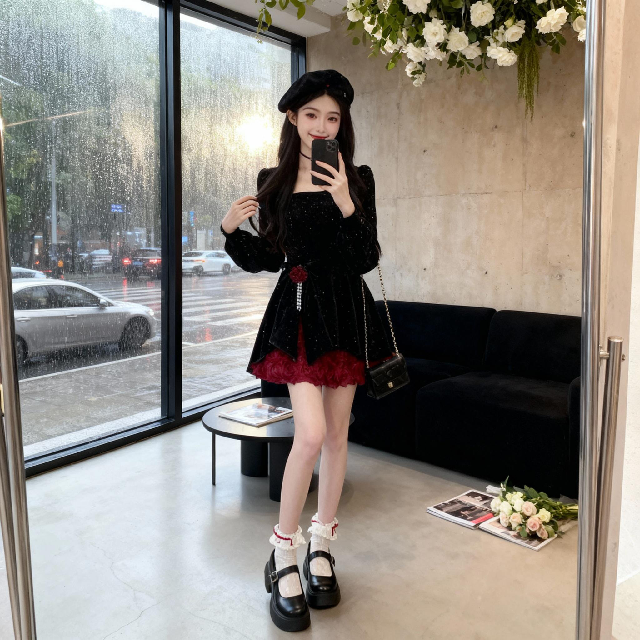 有里布2025秋冬新款玫瑰丝绒战袍连衣裙显瘦长袖裙子女LJ0134