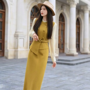 包臀女装 长袖 系带修身 新款 连衣裙2116 拼接气质通勤假两件2026春季