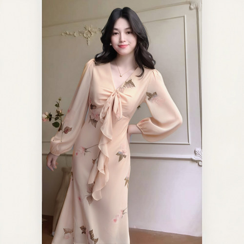 【有里布】粉色荷叶边宴会连衣裙约会红茶风气质漂亮裙子D3572