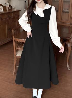 法式赫本风假两件黑色连衣裙春2025新款富家千金风收腰a字裙2137
