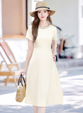 端庄大气设计师款裙子2025夏季新款绝美白色圆领小众连衣裙D1448B