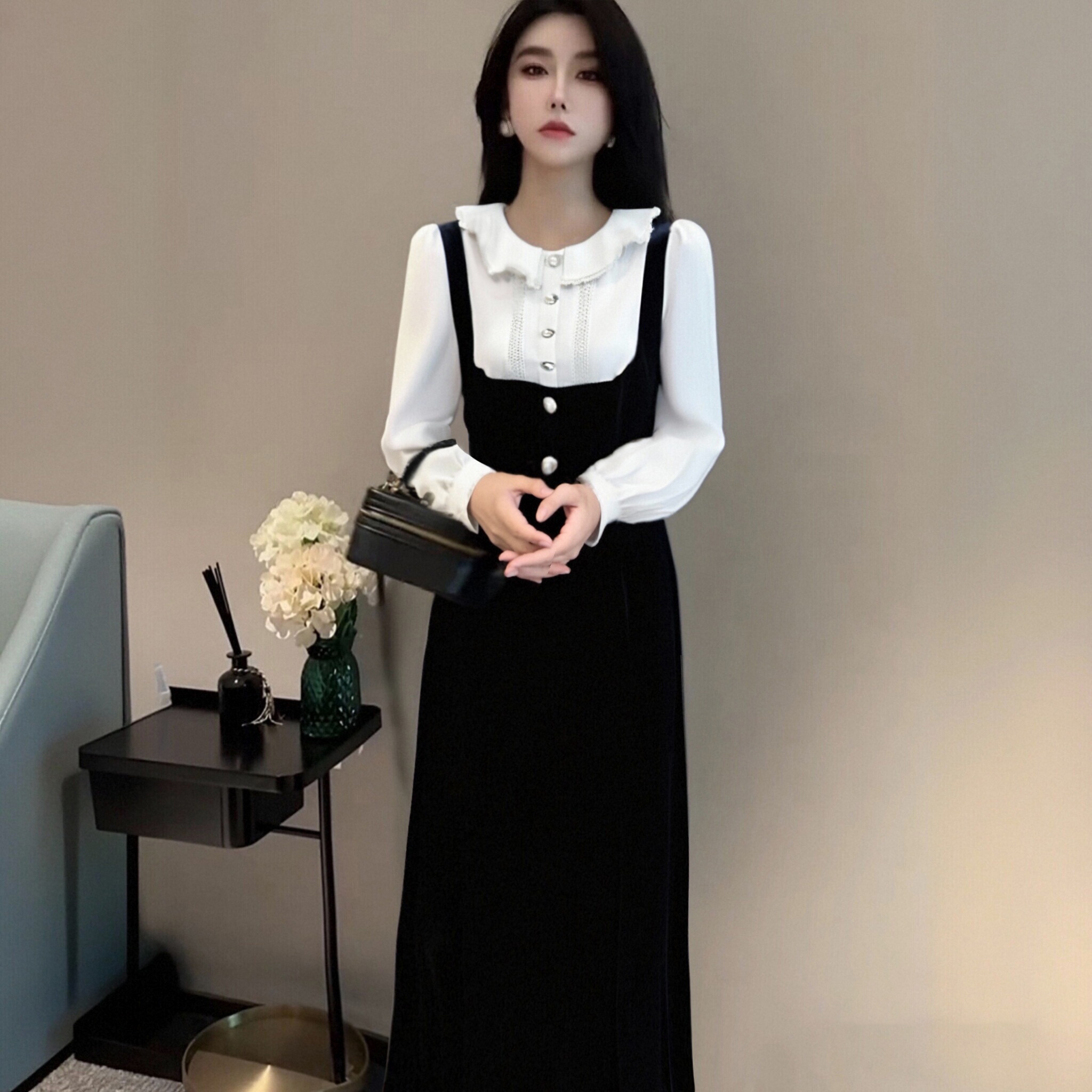 2025秋季法式新款轻奢优雅气质时尚收腰假两件衬衫连衣裙D3575