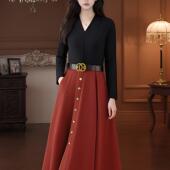 女装 连衣裙2026春季 新款 收腰显瘦褶皱长袖 时尚 气质长裙子2086