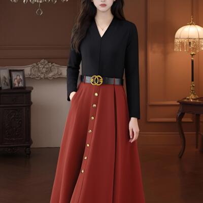 收腰显瘦褶皱长袖女装连衣裙2026春季新款时尚气质长裙子2086