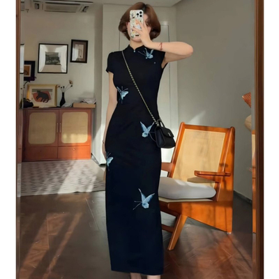 2025新中式国风长裙夏季收腰显瘦高级感蝴蝶旗袍连衣裙女D1665