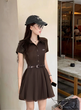 送腰带小个子学院风收腰连衣裙百褶裙女装裙子短裙衬衫裙D1144