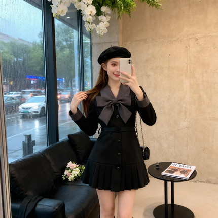 有里布送腰带黑色连衣裙2025秋季新款独特蝴蝶结收腰裙子LJ0104