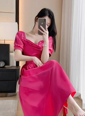 法式方领系带收腰连衣裙女夏a字蝴蝶结泡泡袖气质显瘦长裙D1396B