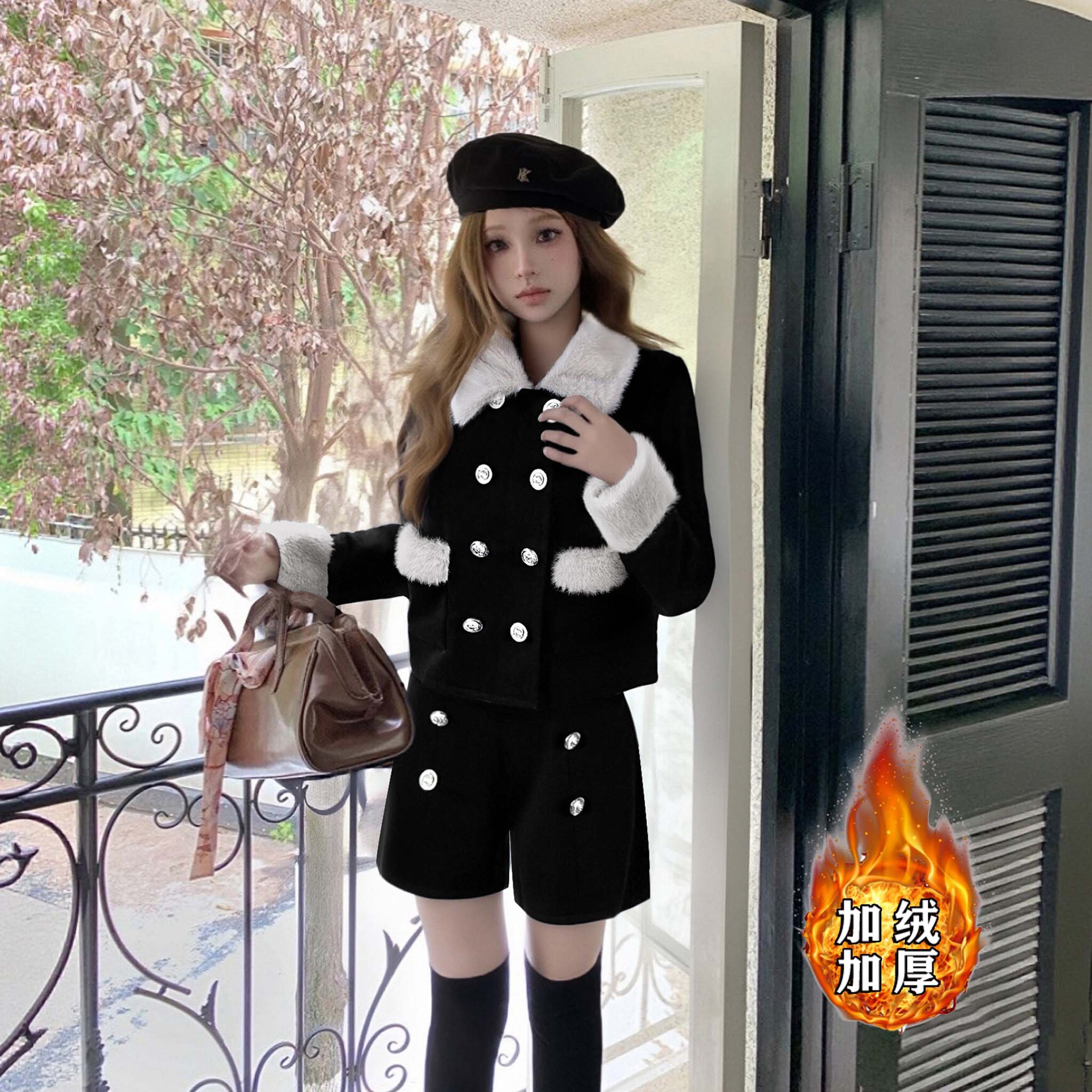 2025秋冬季新款加绒加厚短款直筒宽松小香风外套裤子套装LJ0152A