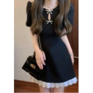 法式高级感富家千金小黑裙2026夏蝴蝶结泡泡袖小个子连衣裙女1598