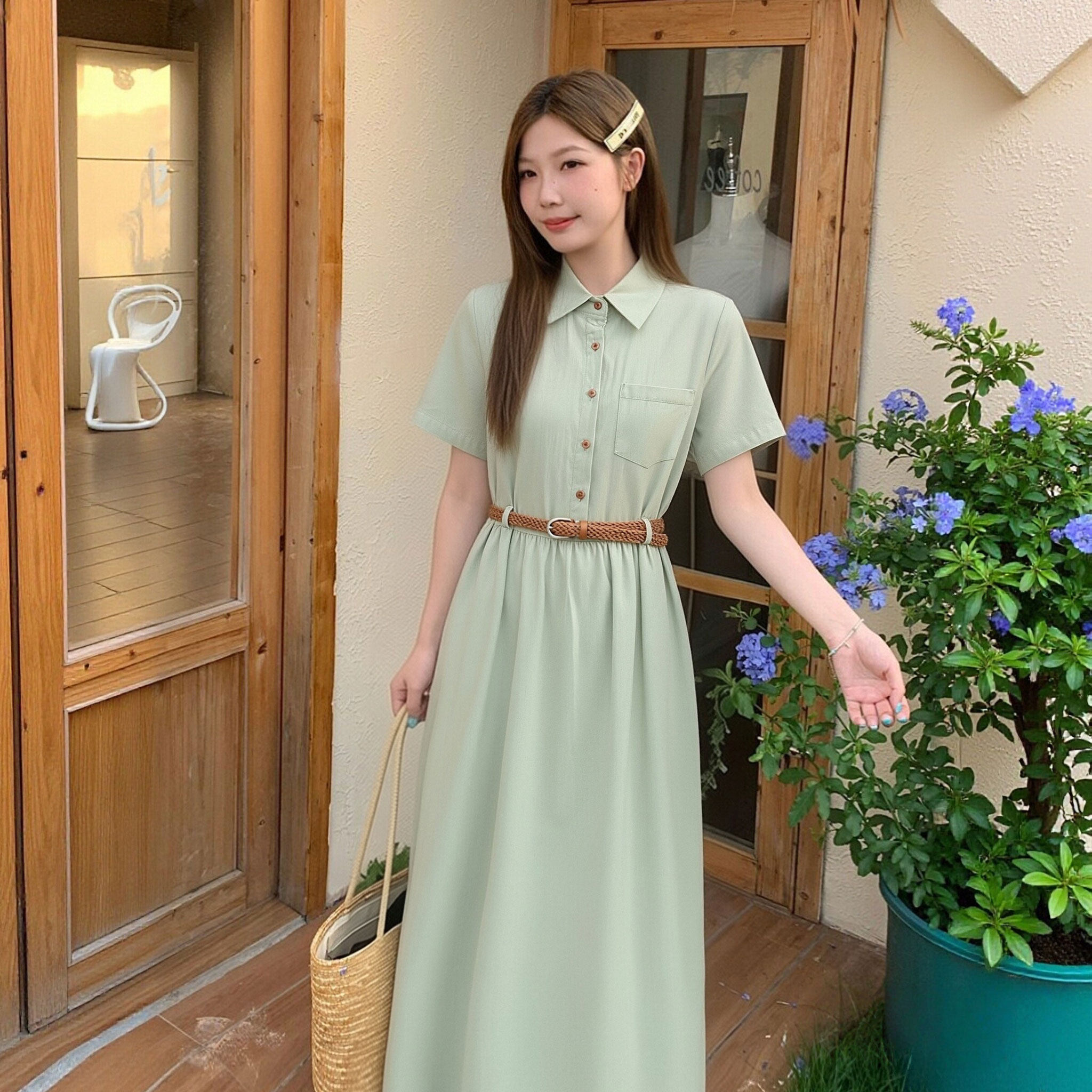 有里衬送腰带女装学院风收腰衬衫2026夏季新款polo领裙子1196