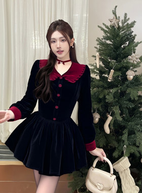 2025秋冬新款法式复古黑色丝绒连衣裙气质拼接女装小黑裙HY0176A