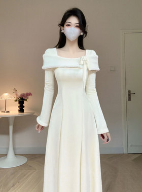 过年千金风穿搭法式打底连衣裙2026秋冬季时尚内搭毛衣裙D4124A