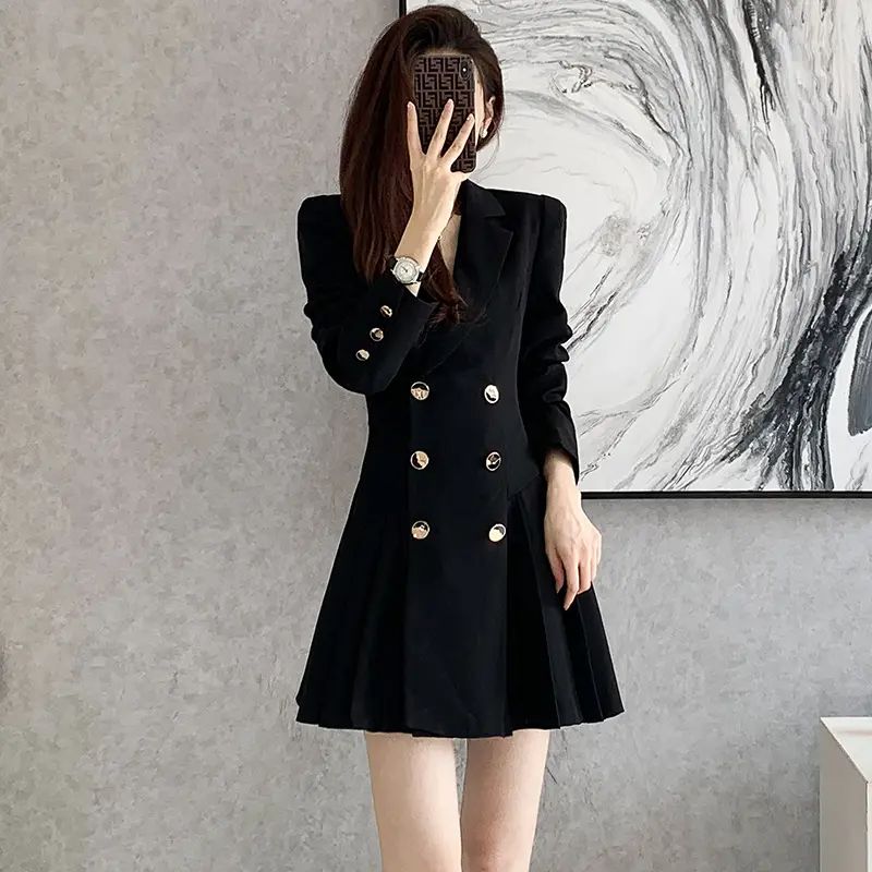 有里布高级感穿搭气质西装连衣裙女春秋季修身收腰百褶裙LJ0025