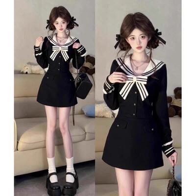 送领结2025新款纯欲甜辣妹学院风设计感海军领长袖连衣裙D3407