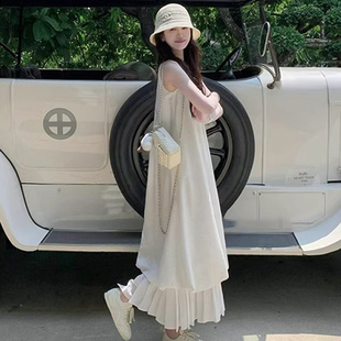 高级设计款简约白色背心款长裙气质假两件花苞水母裙女夏D1385