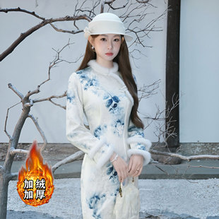 加绒加厚新中式国风2025冬季爆款改良旗袍温柔文艺范连衣裙D4536