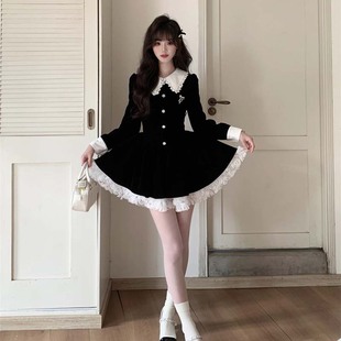 黑色丝绒连衣裙女富家千金蕾丝拼接小黑裙TX0194 法式 有里布