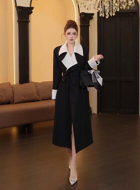 2025秋季新款有里布送腰带极简风中长款V领长款风衣DM0105