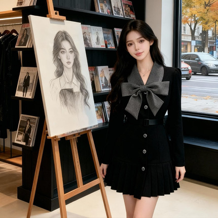 有里布送腰带黑色连衣裙2025秋季新款独特蝴蝶结收腰短裙LJ0104