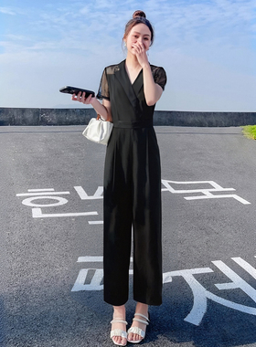 黑色阔腿连体裤女夏季2026新款气质连衣裤高级感显瘦连身裤D1038B
