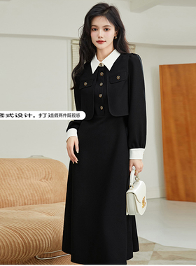 Polo领假两件套春装连衣裙2025新款法式气质复古长袖裙子女7745