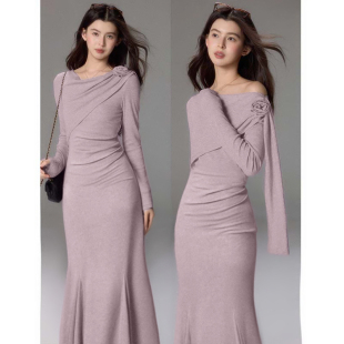 气质荡领连衣裙修身 法式 显瘦大衣内搭斜肩长裙D4478 新款 2026春季