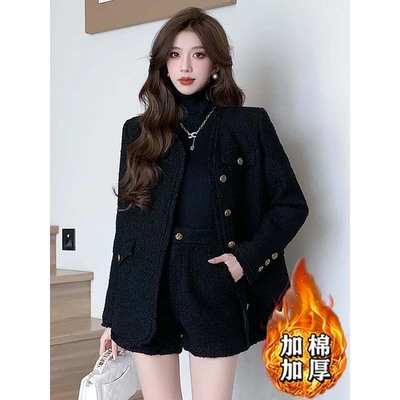 加棉加厚小香风套装女2025秋冬季新款高级感外套短裤两件套DM0221